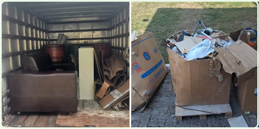 Fotos reais da CEAM: móveis, caixas e materiais recolhidos e transportados em caminhão