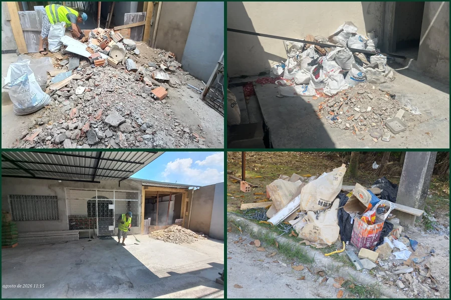 Fotografias reais de entulho de obra, sacos e resíduos para coleta avulsa CEAM